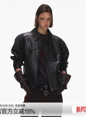 ECHOADE复古摩登翻领设计精致外套  黑色擦色酷感皮夹克