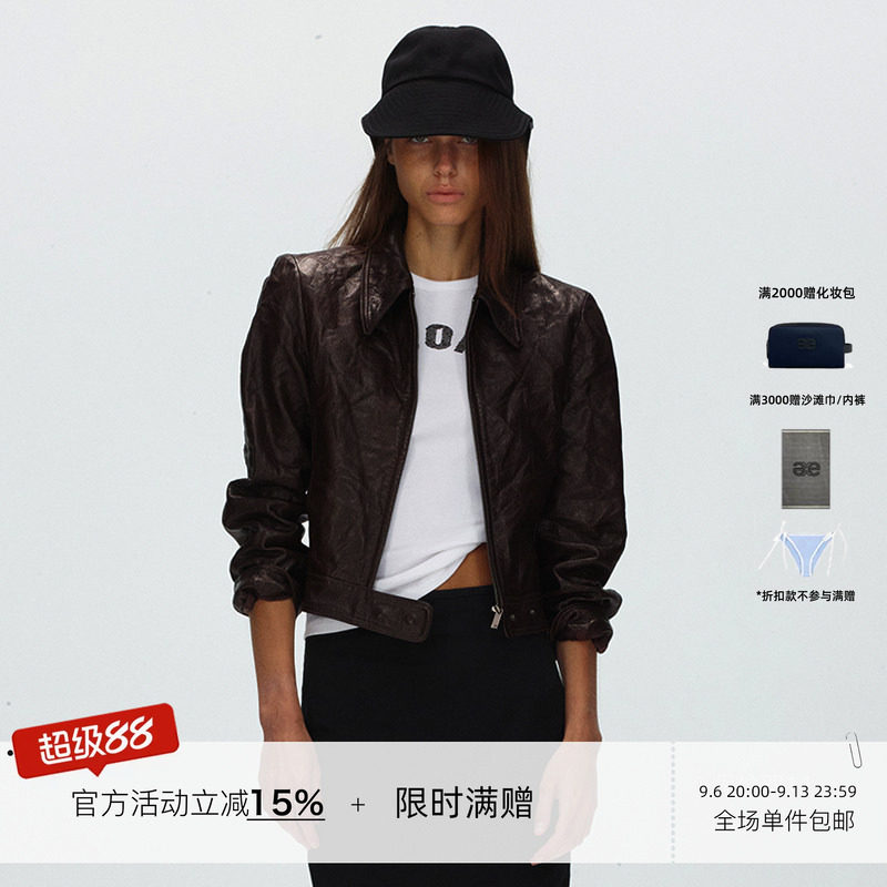ECHOADE 复古做旧 褶皱修身进口1oo%羊皮夹克外套早秋酷飒上衣图片