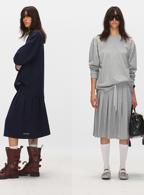 ECHOADE经典长期主义 时髦松弛宽松休闲长袖T恤百褶半身裙两件套