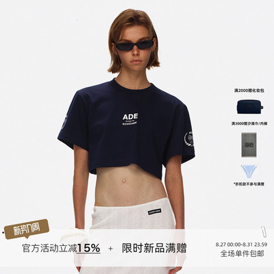 ECHOADE 亲肤挺阔 剪裁小圆领徽标印花微露腰线短袖T恤