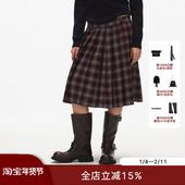 ECHOADE经典 实穿 挺阔垂坠层次感过膝百褶格纹半身裙