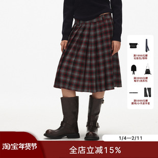 ECHOADE经典实穿 挺阔垂坠层次感过膝百褶格纹半身裙