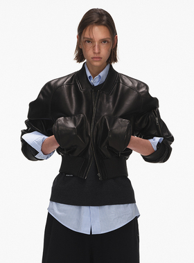 ECHOADE现代酷感轮廓羊皮外套 黑色立体口袋飞行员皮夹克