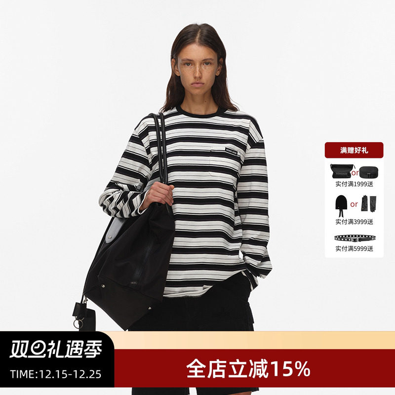 ECHOADE时髦经典 小圆领设计落肩宽松版型层次感黑白条纹长袖T恤