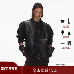 ECHOADE复古摩登翻领设计精致外套  黑色擦色酷感皮夹克