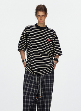 ECHOADE柔软舒适 甄选100%棉 经典小圆领水洗做旧宽松落肩廓形T恤