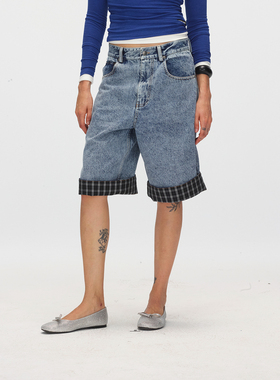 ECHOADE复古时髦 做旧磨毛细节拼接格纹直筒阔腿中低腰牛仔中裤