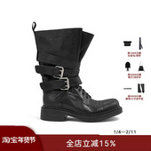 ECHOADE精选进口胎水牛皮 鞋 面做旧处理光泽细腻时髦感中筒靴子女