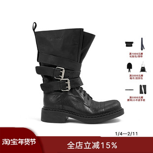 ECHOADE精选进口胎水牛皮 鞋面做旧处理光泽细腻时髦感中筒靴子女