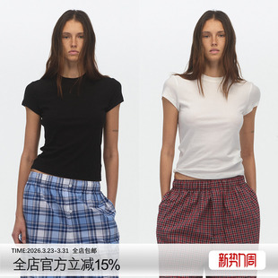 ECHOADE正肩圆领设计亲肤羊绒醋酸短袖 T恤女早春打底内搭上衣 修身