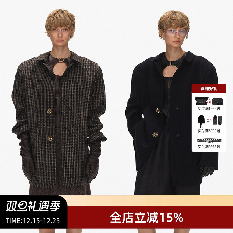 ECHOADE垫肩装饰扣羊毛外套