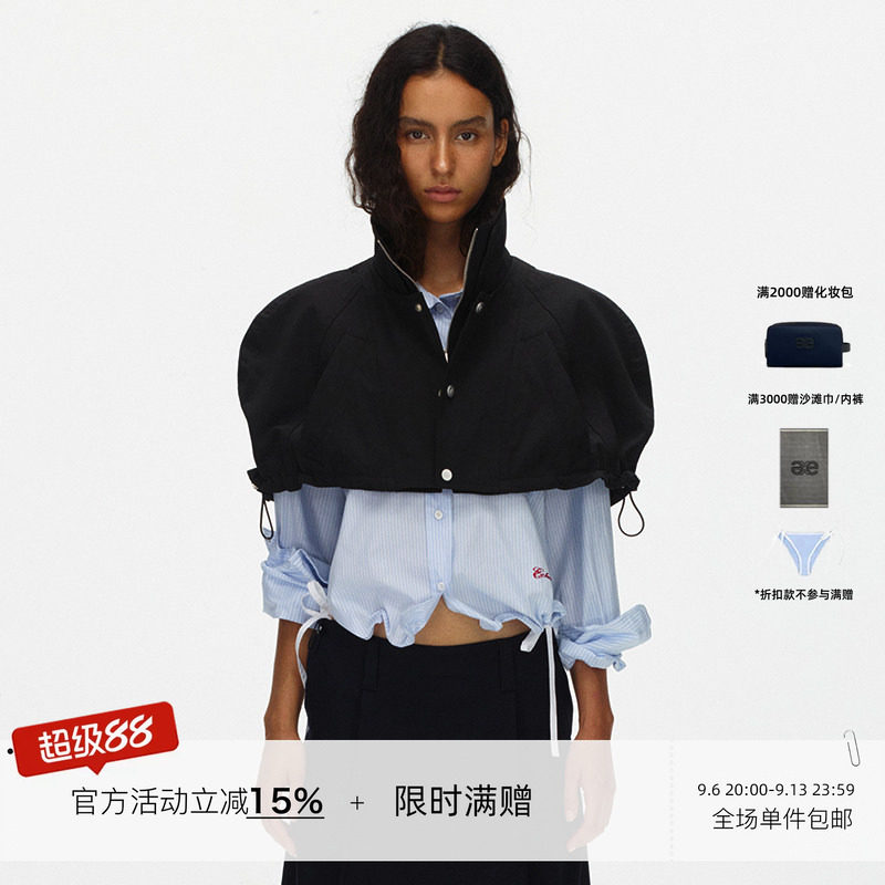 ECHOADE精致时髦 挺括有型短款斗篷夹克叠穿拉链黑色上衣外套图片
