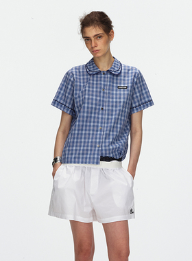 ECHOADE极简时髦 柔软舒适双层弧形彼得潘小翻领H型直筒短袖衬衫