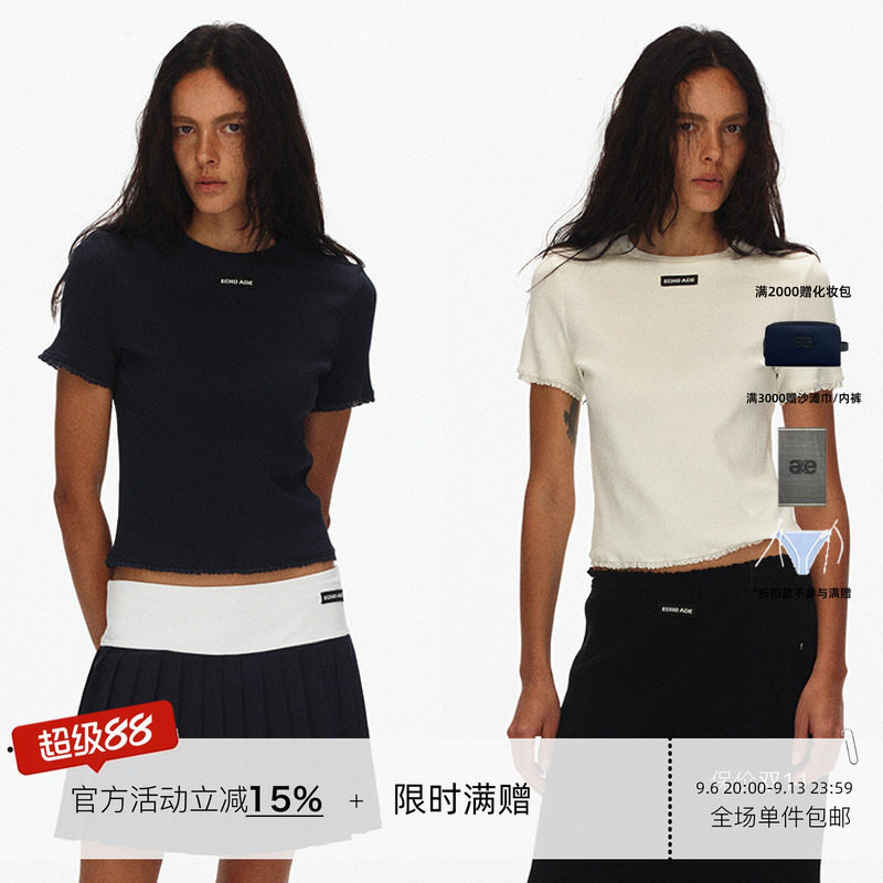 ECHOADE时髦经典甄选针织蕾丝花边点缀短袖t恤女夏季圆领正肩上衣图片