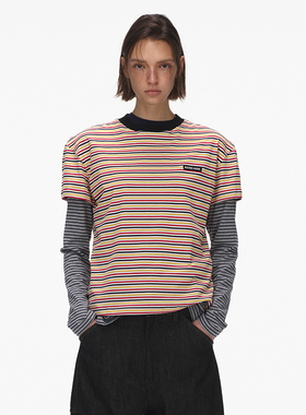 ECHOADE轻松俏皮 随意叠穿经典小圆领设计H版型撞色条纹T恤