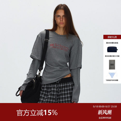 ECHOADE 轻薄亲肤 经典小圆领复古字母印花收腰假两件长袖T恤