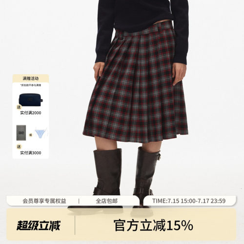 ECHOADE百褶格纹半身裙