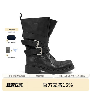 ECHOADE精选进口胎水牛皮 鞋面做旧处理光泽细腻时髦感中筒靴子女