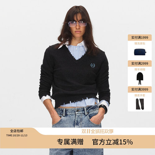 ECHOADE破洞V领落肩设计针织衫