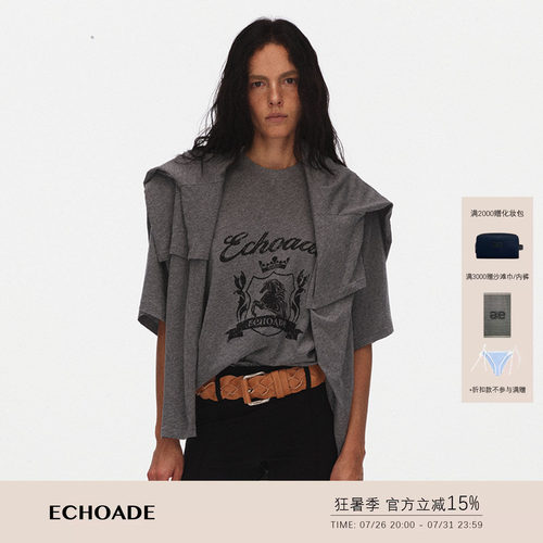 ECHOADE 经典时髦软糯透气短袖印花T恤宽松廓形圆领做旧休闲上衣