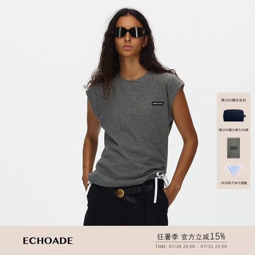 ECHOADE 轻薄软糯 轻盈透气圆领开肩设计宽松T恤叠穿短款无袖上衣
