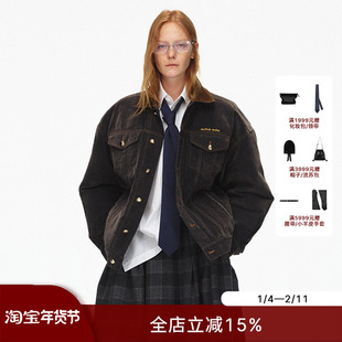 ECHOADE时髦保暖 撞色翻领设计植绒牛仔绗棉猎装夹克外套