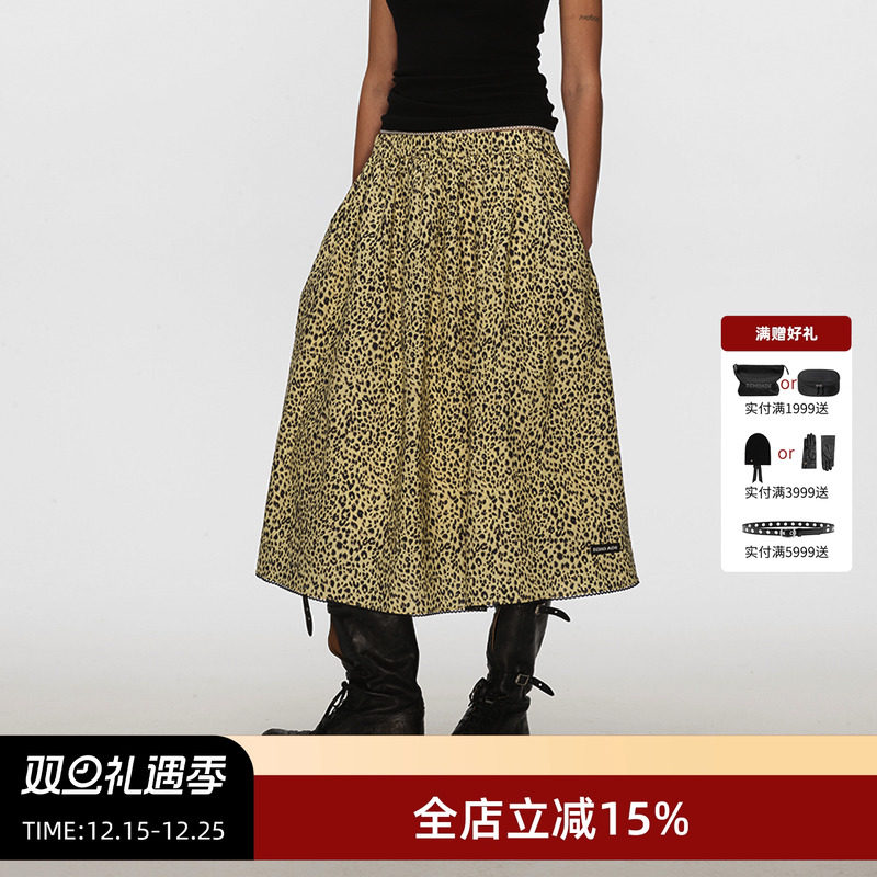 ECHOADE甄选纯棉材质 精致花边点缀褶皱伞裙层次感豹纹A字半身裙