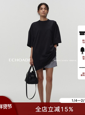 ECHOADE精致小圆领Oversized落肩设计大廓形短袖时髦精T恤连衣裙
