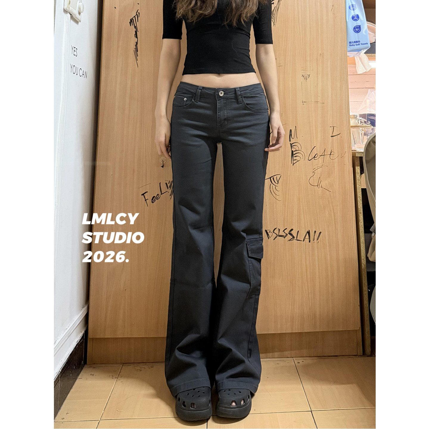 LMLCY｜深灰色工装口袋牛仔裤女美式复古修身垂感显瘦微喇叭裤子