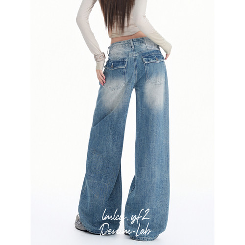 SUNONE11｜浅色水洗扎花绣标阔腿牛仔裤女美式复古宽松显瘦直筒裤