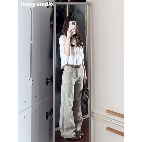 LMLCY｜卡其色设计感阔腿牛仔裤女老钱风复古宽松垂感显瘦直筒裤