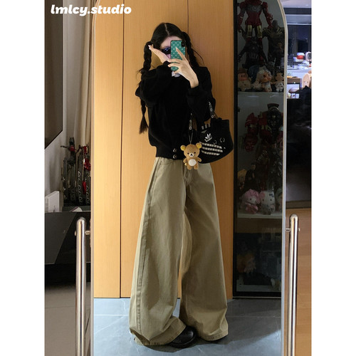 LMLCY｜卡其色高腰阔腿牛仔裤女美式复古宽松垂感显瘦梨形直筒裤