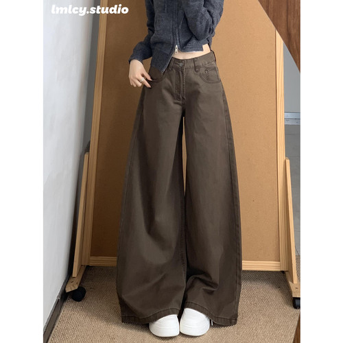 LMLCY｜咖棕色高腰阔腿牛仔裤女美式复古宽松垂感显瘦梨形直筒裤