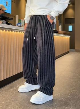 13021冬季加绒加厚男士休闲裤潮流银丝条毛毛阔腿长裤子男生潮裤