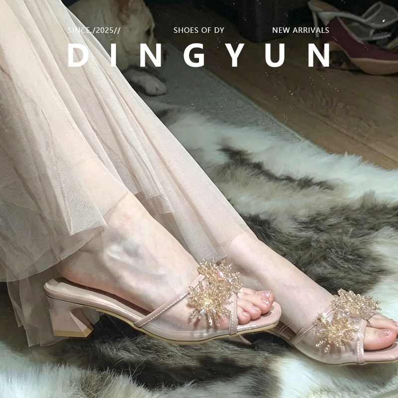 羊皮版dingyun丁允法式方头单鞋露趾一字拖鞋女夏网纱水钻凉拖鞋 - 实物图