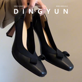 高跟鞋 女百搭通勤方头小个子法式 dingyun丁允复古粗跟单鞋 羊皮版