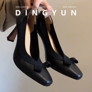羊皮版dingyun丁允复古粗跟单鞋女百搭通勤方头小个子法式高跟鞋