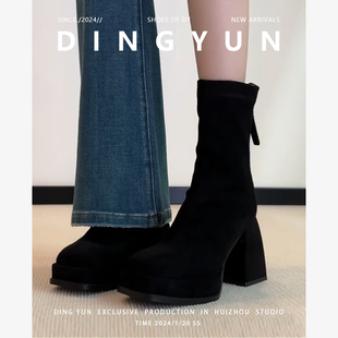 粗跟短靴绒面黑色瘦瘦靴小个子增高 冬季 羊皮版 dingyun丁允高跟鞋