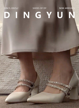 羊皮版dingyun丁允法式水钻单鞋女粗跟尖头高跟鞋2026春伴娘鞋子