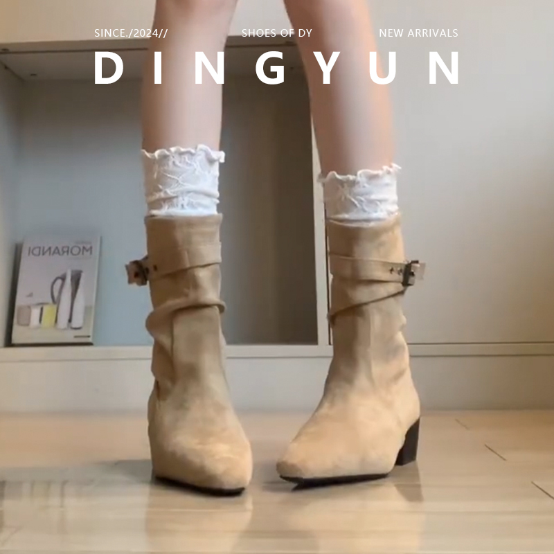 法式新款尖头粗跟短筒靴牛仔靴女
