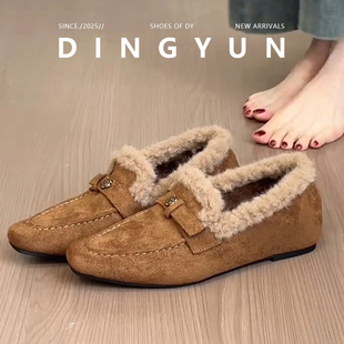 【丁允】绒面山茶花拼接毛毛鞋女保暖加绒一脚蹬复古百搭乐福鞋冬