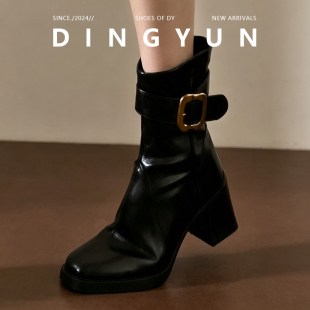 羊皮版dingyun丁允高跟鞋粗跟马丁靴厚底小短靴黑色靴子方头皮靴