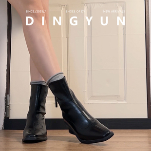 坡跟方头后拉链短靴酷帅百搭弹力瘦瘦靴秋冬中跟切西尔靴 丁允