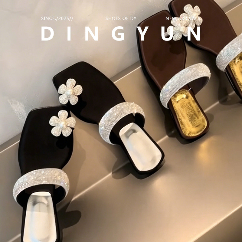 羊皮版dingyun丁允花朵拖鞋夏季海边度假凉拖水钻粗跟半拖鞋外穿