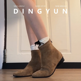 羊皮版dingyun丁允平底短靴增高马丁靴小个子单靴法式瘦瘦靴绒面