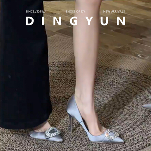 羊皮版dingyun丁允水钻细跟高跟鞋气质高级感尖头浅口单鞋2026春