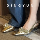 气质包头凉鞋 羊皮版 花朵烟花单鞋 金色婚鞋 粗跟 dingyun丁允高跟鞋
