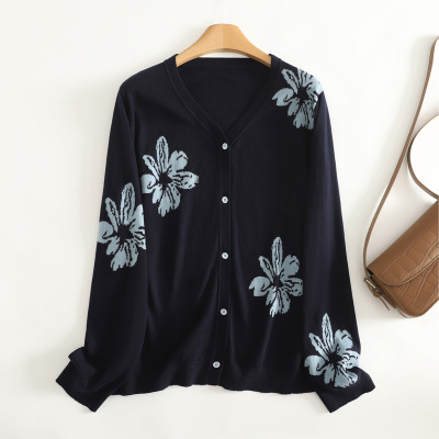 胖妹妹针织开衫v领提花长袖上衣