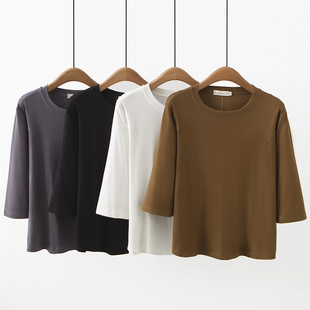 2023早秋新款 女大码 胖m显瘦立体剪裁圆弧下摆圆领t恤 打底衫 七分袖
