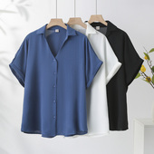 胖mm200斤半开领宽松遮肚休闲半袖 大码 2025新款 女夏短袖 上衣 衬衫